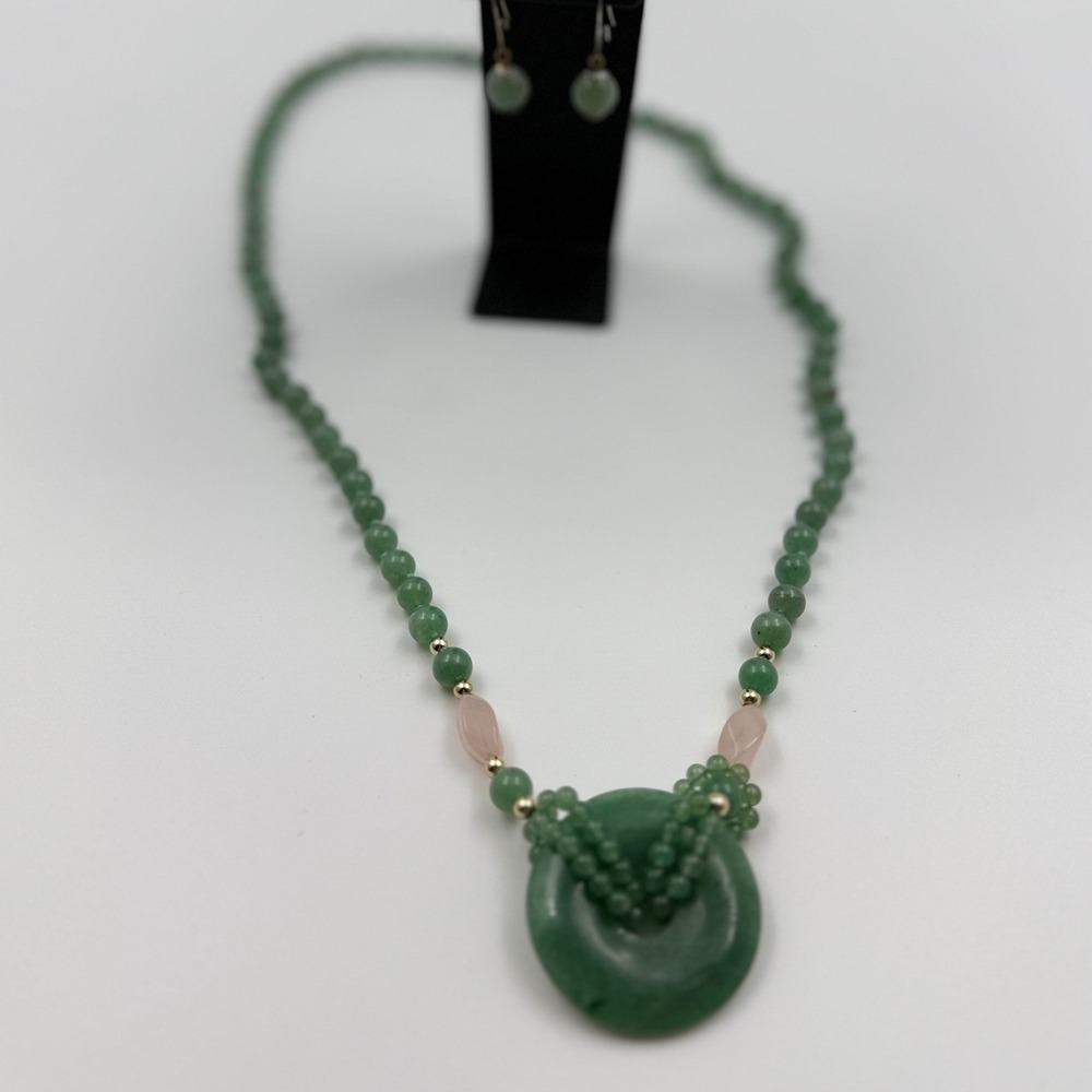 Vintage Green Jade Bead Necklace Earring Set Pink Quartz Bi Disc Pendant 30in